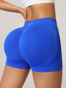 Dewbera Quần short thể thao cạp cao in chữ, co giãn, ôm dáng, thích hợp cho mùa hè. - Màu xanh lam - Xem 6