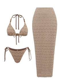 Bonvoyette Women's Summer Textured Fabric Halter Neck Bikini, Side Tie Triangle Bottoms & Skirt 3-Piece Swimwear Set - Khaki - View 2