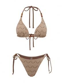 Bonvoyette Women's Summer Textured Fabric Halter Neck Bikini, Side Tie Triangle Bottoms & Skirt 3-Piece Swimwear Set - Khaki - View 6