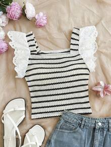 SHEIN 女童休闲可爱蝴蝶印花蕾丝边吊带背心，白色和粉色 - 白色 - 查看 6