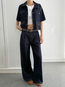 DAZY Women's Casual Denim Short Sleeve Shirt Top And Pants Set - Blue - View 5