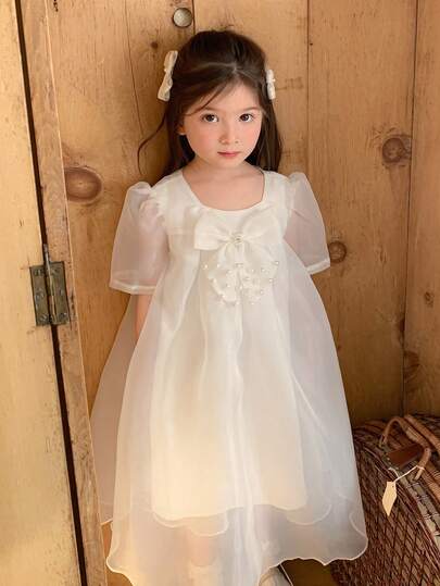 DAZY Young Girl' Round Neck Bow Decor Korean Style Formal Party Short Sleeve Dress