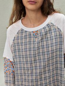 SoleilVie 女士休闲拼接格子复古圆领插肩袖卫衣，秋季款 - 彩色 - 查看 7