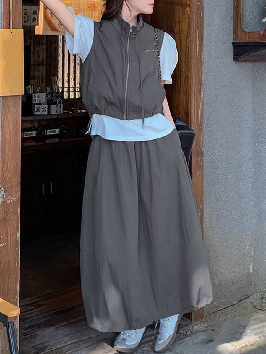 FRIFUL 2pcs Women's Cargo Style Vest Jacket And Skirt Set - Dark Grey - View 1