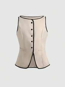 SHEIN Tween Girl Casual Contrast Binding Button Single-Breasted Sleeveless Top And Pants Set, Spring/Summer