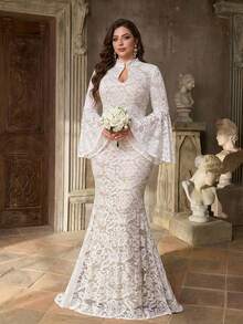 Aureia Váy xòe tay loe cổ tròn ren trắng lãng mạn, sang trọng cỡ lớn, phù hợp cho dạ tiệc, đám cưới, tuần trăng mật, váy cưới - trắng - Xem 3