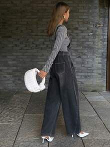 DAZY 西部牛仔风宽松做旧背带裤，休闲街头风牛仔背带裤/连体裤，女士春秋季款 - 灰色 - 查看 2
