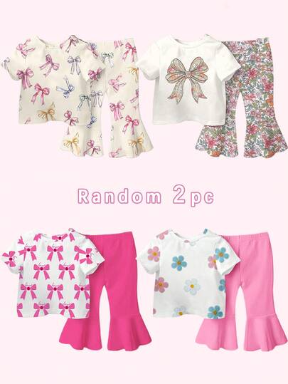 2件套（4件）女婴/幼儿休闲时尚创意花卉蝴蝶结印花T恤和喇叭裤套装，舒适套装，4件套随机搭配，春夏款