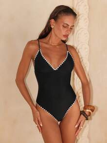 Swim Chiccia Women's Beach Vacation Casual Lace-Up Spaghetti Strap One-Piece Swimsuit - Black - View 1