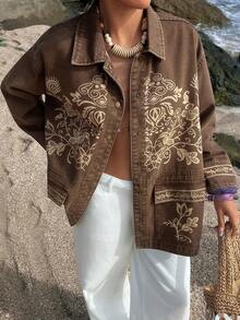 DAZY Women's Lapel Loose Bohemian Floral Pattern Urban Casual Denim Jacket And Coat - Brown - View 5