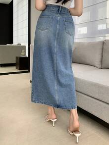 DAZY Women's Casual Rhinestone Embellished Straight Cut Slit Denim Skirt, Spring/Summer - Blue - View 2