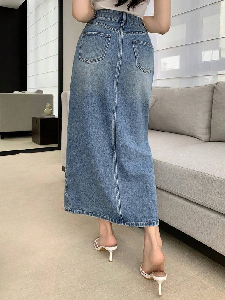 Women's Casual Rhinestone Embellished Straight Cut Slit Denim Skirt, Spring/Summer