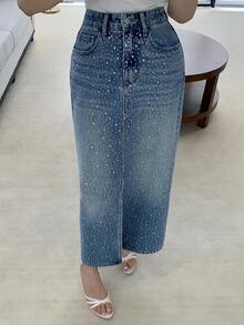 DAZY Women's Casual Rhinestone Embellished Straight Cut Slit Denim Skirt, Spring/Summer - Blue - View 3
