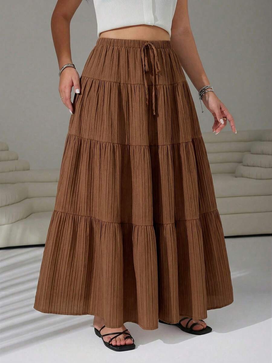 Plus Size Women Casual Everyday Commute Simple Solid Color Drawstring Waist Tiered Hem Skirt, Spring/Summer/Autumn - Brown - View 1