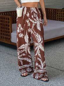 DAZY Botanical Print Loose Straight Leg Women Pajama Bottoms - Brown - View 6