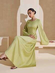 Graceveil Đầm satin nữ kiểu Ả Rập, tay áo rộng, xếp ly eo, vạt bất đối xứng. - màu xanh lá - Xem 5
