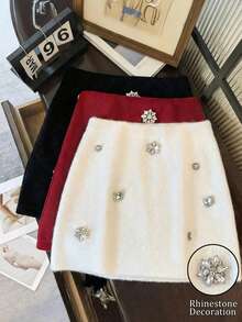 Franclia Váy ngắn chữ A ôm dáng, màu trắng, thời trang, đa năng, phối hợp trang trí đính đá cầu kỳ, dành cho nữ, thích hợp cho đầu mùa xuân. - trắng - Xem 1