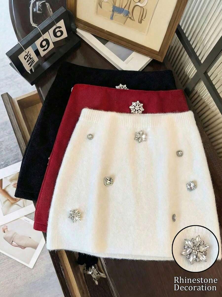 Franclia Váy ngắn chữ A ôm dáng, màu trắng, thời trang, đa năng, phối hợp trang trí đính đá cầu kỳ, dành cho nữ, thích hợp cho đầu mùa xuân. - trắng - Xem 1