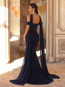 Glamrae Elegant Navy Blue Neckline Romantic Lace Trim Front Beaded Mesh Sheer Fishbone Side High Slit Draped Flounce (Detachable Hanging Flounce) Women's Evening Gown, Valentine's Day - Navy Blue - View 4