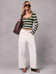 Hauture Women's Square Neck Long Sleeve Casual Striped Short T-Shirt, Comfortable For Summer - Multicolor - View 3