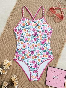 SHEIN Tween Girls Cute Ditsy Floral Knit Fabric Spaghetti Strap Crisscross One-Piece Swimsuit - Multicolor - View 8
