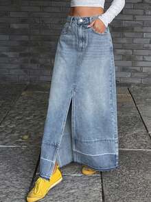 DAZY Women's Frayed Hem Slit Long Casual Denim Skirt Y2k - Medium Wash - View 6