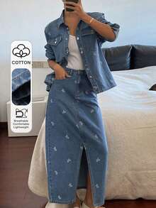 DAZY Women's Bow Print Lapel Loose Shirt And Long Skirt Casual Denim Set - Medium Wash - View 1