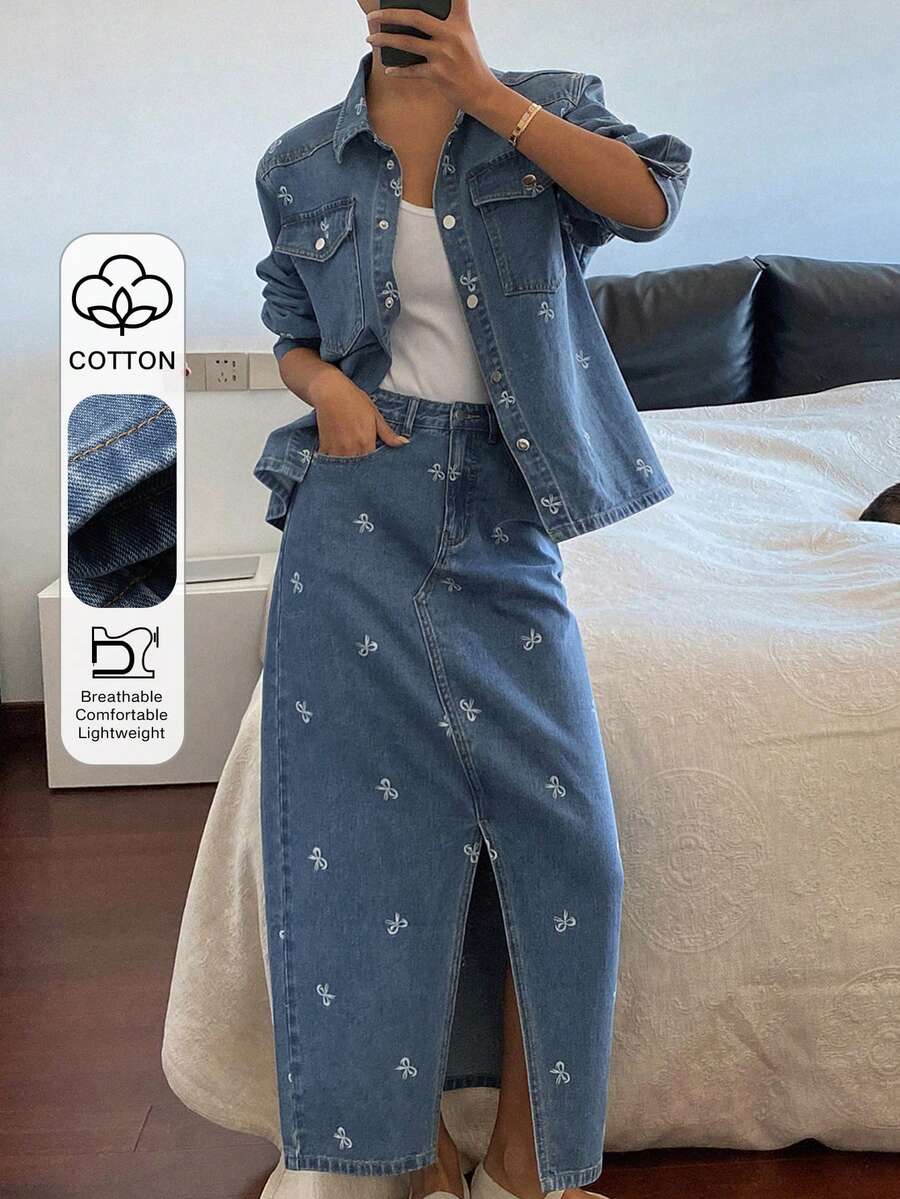 DAZY Women's Bow Print Lapel Loose Shirt And Long Skirt Casual Denim Set - Medium Wash - View 1