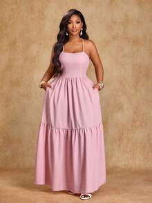 春夏女士优雅吊带A字连衣裙 - 适合婚礼季、毕业季、日常休闲穿着、派对、聚会、情人节、度假及其他场合。女士长裙。 - 粉色 - 查看 5