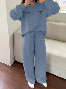 DAZY 2 st damer pyjamasset med bokstavstryck och dekoration, lös passform, tröja, höst/vinter - Blå - Visa 1