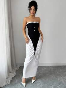 Elenzga Spring/Summer New Backless Tube Pearl Button Design Splicing Contrast Color Pleated Waist Bodycon Casual Sexy Elegant Lady Dress - Black and White - View 5