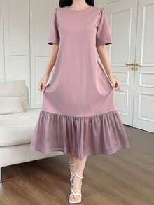 DAZY Women's Elegant Patchwork Ruffle Trim Round Neck Midi Dress Wedding Guest Dress - Purple - View 3