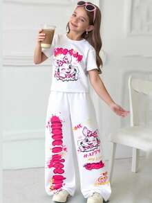 SHEIN ChillGRL Bộ 2 món cho bé gái tuổi teen, gồm áo thun cổ tròn tay ngắn in họa tiết dễ thương và quần ống rộng in họa tiết, thích hợp mặc hàng ngày, đi làm, dạo chơi, đi nghỉ mát, tụ họp, dạo phố, mùa xuân/hè. - trắng - Xem 3