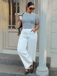 Dazy Plus Dark Wash Blue Waistband Patchwork Drawstring Straight Leg Long Jeans, All Season - White - View 5