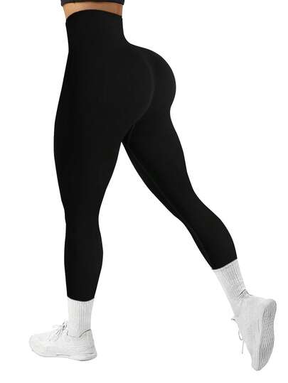 Easithlete 1pc Women's Solid Black Seamless Knit High Waist Elastic Tummy Control Leggings