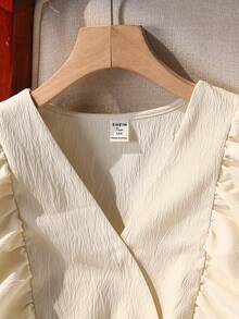 Teen Girl Elegant Yellow V-Neck Woven Blouse With Ruffle Sleeves, Ruffle Hem, Versatile And Practical, Pair With Skirts, Flared Pants, Wide-Leg Pants, Skinny Pants, Or Shorts - Yellow - View 4