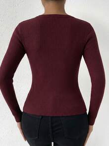 Cárdigan de punto acanalado para mujer con escote en V y botones frontales, Suéteres de mujer - Rojo burdeos - Ver 3