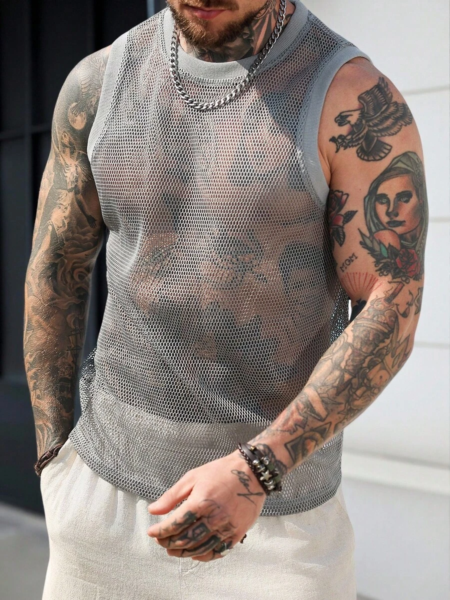 Manfinity CasualCool Men's Gray Mesh Breathable Tank Top, For Spring/Summer - Grey - View 1