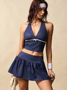 VARSIVA Women's Summer Polka Dot Print Halter Top And Mini Skirt Sports Suit - Multicolor - View 2