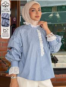 DAZY Lace Patchwork Striped Women's Vacation Shirt - Blue - View 1