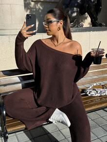Muchica Plus Size Asymmetric Collar Long Sleeve Sweatshirt And Pants Casual Suit - Brown - View 3