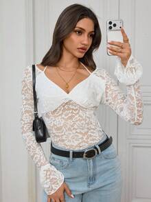 Aidyla Autumn White Lace Sheer Ruffle Long Sleeve Tie-Up Sexy Elegant Going Out Date T-Shirt - White - View 8