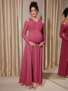 Momance Exposed Shoulder Long Sleeve Button Decor Ribbed A-Line Midi Dress, Spring/Autumn - Hot Pink - View 5