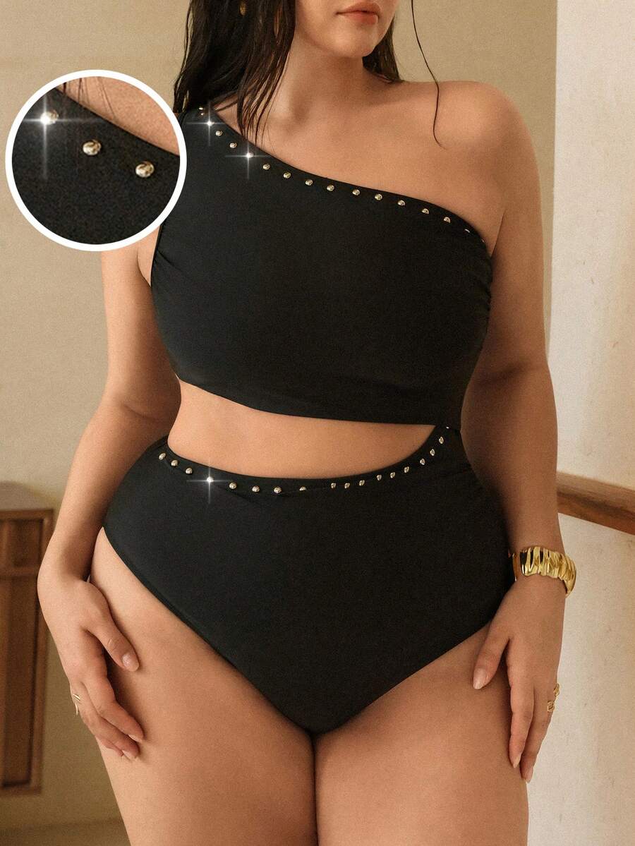 Swim Chiccia بيكيني قطعة واحدة بتصميم عصري بلون أحادي مزين بالدبابيس مقاس كبير - الأسود - مشاهدة 1
