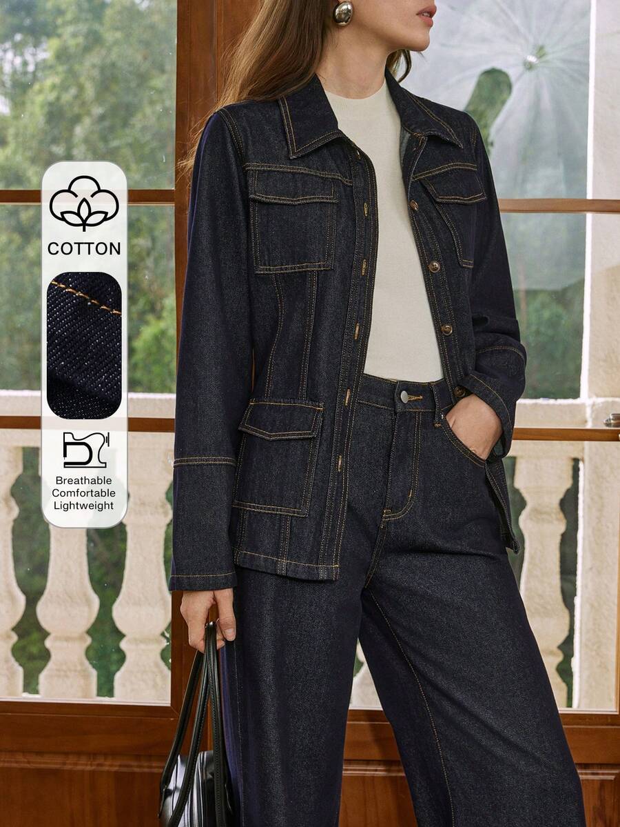 Dazy-Less 女士翻领单排扣长袖夹克，带口袋和纽扣，阔腿牛仔裤休闲套装，适合日常穿着，商务休闲女装 - 藍色 - 查看 1