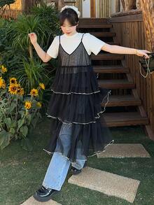 DAZY Women's Lace Layered Cake Slip Midi Dress - Black - View 2