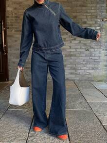 DAZY 女士牛仔长袖翻领上衣和直筒裤休闲街头风牛仔套装 - 深色水洗藍 - 查看 4