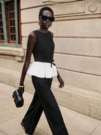 Lumivelle Women's Fashion Bowknot Decor Peplum Sleeveless Top