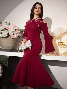 Modelyn Đầm chữ A cổ tròn, trễ vai, phối ruy băng, thắt chéo, tay loe, eo thon dành cho nữ - Màu Đỏ Sâu - Xem 8