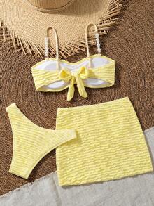 Zestiva 女士夏季度假休闲沙滩套装，纯色浅黄色三件套可调节肩带比基尼，纹理面料吊带背心和裙子泳装套装 - 淡黃色 - 查看 7